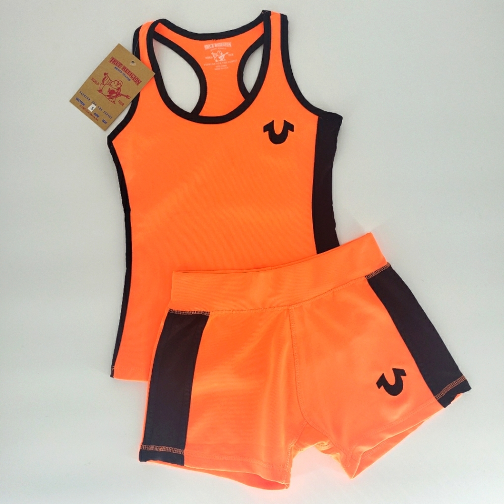 True Religion Neon Orange Workout Short Set
